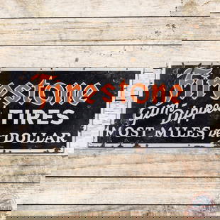 Firestone Gum-Dipped Tires "Most Miles Per Dollar Single Sided Porcelain Sign: SSP (single sided porcelain) sign has good color and gloss. The field has general wear and the blue porcelain enamel is cloudy. The sign has chips in the outer fields with a vertical crease in the