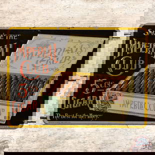 Imperial Club 5 Cent Cigars Emb. Single Sided Tin Sign: SST (single sided tin) embossed sign has very good color and shine. The sign has outstanding graphics of a cigar box with cigars. The field is very clean overall with minor paper marks and small paint