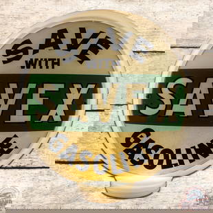 Save with Savex Gasoline Single 13.5" Lens w/ Narrow Milk Glass Globe Body: Single 13.5" lens mounted in a narrow screw base milk glass body has excellent color. The lens has light wear with minor discoloration in the upper field and outer edges. The globe body is in excellen