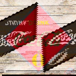 1941 Drink Coca Cola Single Sided Tin Sign w/ Wood Frame "Bottle in Sun": SST (single sided tin) sign with factory wooden frame has very good color and shine. The field has fine scratches, paint chips, areas of clear coat and a small tear in the "L" of Cola. The perimeter h