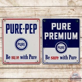 Group of 2 Pure Gasoline Pump Plate Signs w/ Logo Premium & Pure-Pep