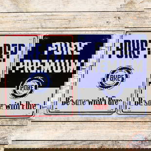 Group of 2 Pure Gasoline Pump Plate Signs w/ Logo Premium & Pure-Pep: Lot of 2 SSP (single sided porcelain) pump plate signs. The Pure Premium SSP (single sided porcelain) sign has excellent color and gloss. The field is clean with minor surface imperfections and small
