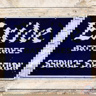 Exide Batteries Service Station Double Sided Porcelain Sign: DSP (double sided porcelain) sign has very good color and gloss. Side #1 has surface wear with fine scratches and small chips in the field. The perimeter has minor crazing in the left corner with smal