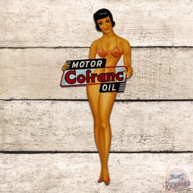 Motor Confranc Oil Pin-up Girl Die Cut Single Sided Tin Sign