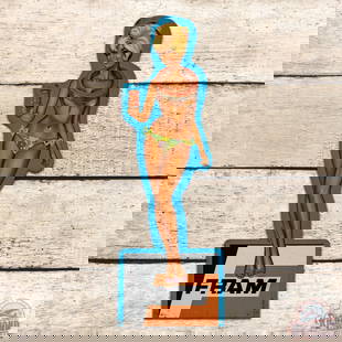 Fram Filters Die Cut Single Sided Tin Pin-up Girl in Bikini Sign: SST (single sided tin) die cut pin-up sign has very good color and shine. The field have light wear with bends in the lady's legs. The perimeter has areas of oxidation with paint chips and minor edge