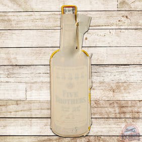 Amazing NOS 1954 Five Brothers Bourbon Whiskey Die Cut Single Sided Tin Bottle Sign w/ Paper