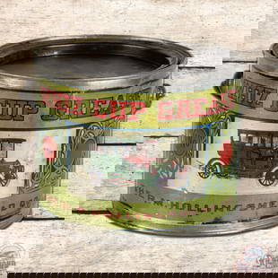 Whiz Cup Grease Metal Can w/ Early Automobile: Early metal grease can has very good color and shine. The can is empty. The field exhibits light wear with discoloration and small dents. The reverse has surface rubs. The can features bright colors