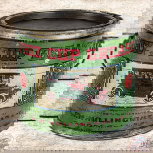 Whiz Cup Grease Metal Can w/ Early Automobile: Early colorful empty metal cup grease can retains the lid and handle. The can has surface wear with fine scratches, small paint chips and general wear. Overall a unique Whiz can with vibrant colors