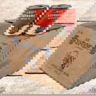 Case of Gulf Supreme Motor Oil Metal Cans w/ Original Box: Group of 24 empty metal cans with original cardboard box. The cans have excellent color with areas of storage wear, which include scuffs, small dents, and fine scratches. The box has areas of loss
