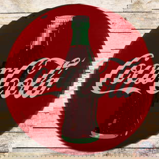 36" Coca Cola Porcelain Soda Button Sign: Nice 36" SSP (single sided porcelain) Coca Cola button with great color and gloss. There is one small chip on the top left edge as well as a larger area of damage on the left edge. The display field