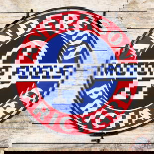 Anderson Pritchard Motor Fuels 30" Double Sided Porcelain Sign w/ Ring: DSP (double sided porcelain) sign with ring has outstanding color and gloss. Side #1 has a small chip in the field with light wear and small chips along the outer edges. The reverse has a larger chip