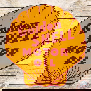 Golden Shell Motor Oil 36" Double Sided Porcelain Sign: DSP (double sided porcelain) sign has very good color and gloss. Side #1 has light wear with small chips in the fields. The perimeter has a small tear with touch-up on the left-hand edge at 9 o'clock
