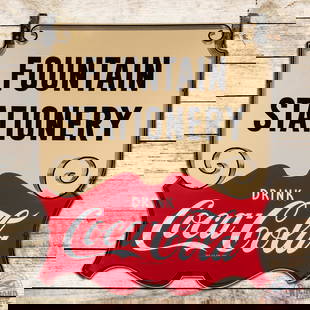 Excellent Drink Coca Cola Fountain Stationery Die Cut Double Sided Porcelain Sign w/ Frame: DSP (double sided porcelain) die cut sign with factory frame has day one color and gloss. Side #1 is exceptionally clean overall with a clean field with a few tiny factory blemishes in the upper lette