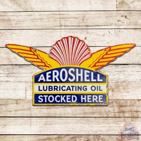 Aeroshell Lubricating Oil Stocked Here Die Cut Double Sided Porcelain Aviation Sign w/ Wings