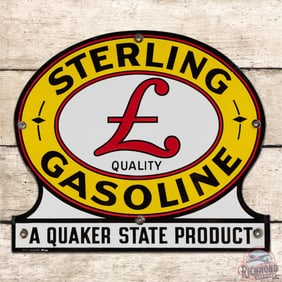Excellent Sterling Products Gasoline "A Quaker State Product" Single Sided Porcelain Pump Plate Sign