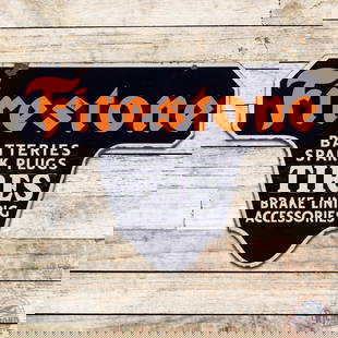 Firestone Batteries Spark Plugs Tires Brake Lining Accessories Double Sided Porcelain Sign: DSP (double sided porcelain) die cut sign has very good color and gloss. Side #1 has light surface wear in the fields and the orange porcelain enamel color is slightly muted. The perimeter has chips a