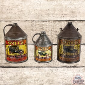 Group of 3 Early Whiz Metal Polish Advertising Cans w/ Automobiles