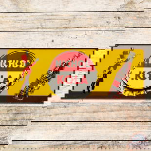 Nichol Kola Single Sided Tin Sign w/ Bottle: SST (single sided tin) sign has excellent color and shine. The field exhibits light wear throughout with areas of oxidation. The perimeter has fine scratches with small paint chips and minor edge bend