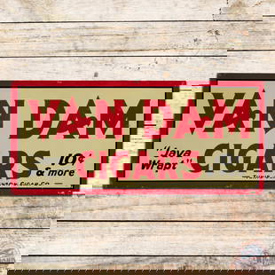 Van Dam Cigars "Java Wrapt" 10 Cents & More Single Sided Tin Sign: SST (single sided tin) sign has very good color and shine. The field is very clean overall with light wear and minor fine scratches. The perimeter has light wear at the mount holes, a minor bend on