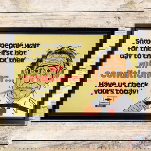 Chevrolet Service Air Conditioner "Have Us Check Yours Today" Framed Dealer Advertising Poster Sign: Single sided blacklight dealership poster has been professionally framed under plexiglass. The poster has vibrant color with a clean field. The perimeter has a small area of trapped debris on the uppe