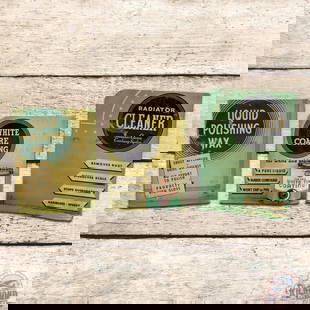Group of 3 Whiz Counter Top Single Sided Tin Display Signs w/ Can: Lot of three SST (single sided tin) countertop display signs with one metal can have good color. The display with can has light wear throughout with small scuffs and paint chips. The wax and cleaner s