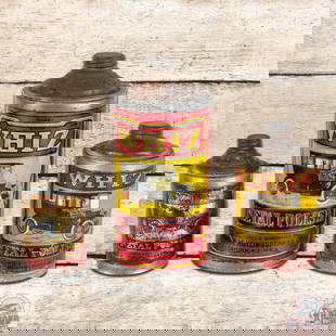 Group of 3 Whiz Metal Polish Automotive Cans: Lot of three metal cans include a quart, pint and half pint. The quart can has excellent color with light wear, rubs and fine scratches. The pint can has some product inside with heavier wear, pin