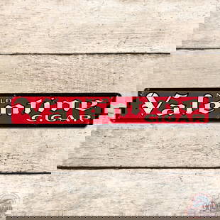 Mild Valentine Cigar Emb. Single Sided Tin Sign: SST (single sided tin) embossed self-framed sign has excellent color and shine. The field exhibits light wear with minor paper marks. The perimeter has small paint chips and light wear. Marked The