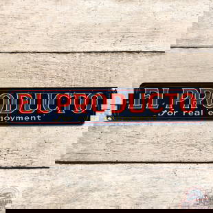 El Producto Cigars "For Real Enjoyment" Convex Single Sided Tin Sign: SST (single sided tin) convex sign has excellent color and shine. The field has light wear with rubs and minor paper marks. The perimeter has a scratch along the left hand edge. All in all a seldom