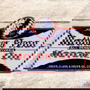 Excellent Mother Penn "All Pennsylvania" Motor Oil Double Sided Porcelain Lubester Sign: DSP (double sided porcelain) die cut lubester sign has outstanding color and gloss. The display has a clean field with minor edge wear. The reverse is very similar to the display. All in all a unique