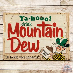 1968 Ya-Hooo! Drink Mountain Dew "It'll tickle yore innards!" Emb Single Sided Tin Sign w/ Hillbilly