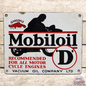Gargoyle Mobiloil "D" Vacuum Oil Co. For All Motorcycle Engines Single Sided Porcelain Sign