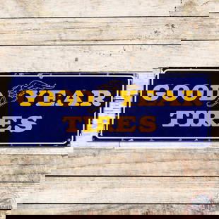 Goodyear Tires 5.5' Single Sided Porcelain Sign w/Wingfoot Logo: SSP (single sided porcelain) sign has excellent color and gloss. The field presents with light wear and small chips in the outer right field. The perimeter has chips at the mount holes and outer edges
