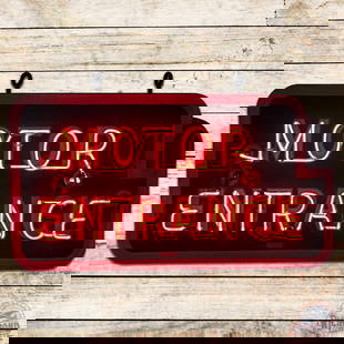 Motor Entrance Double Sided Tin Neon Sign: DST (double sided tin) factory neon sign with metal can has very good color and shine. One side has factory neon and the other side has a standard sign face. The neon side has light wear with minor ox