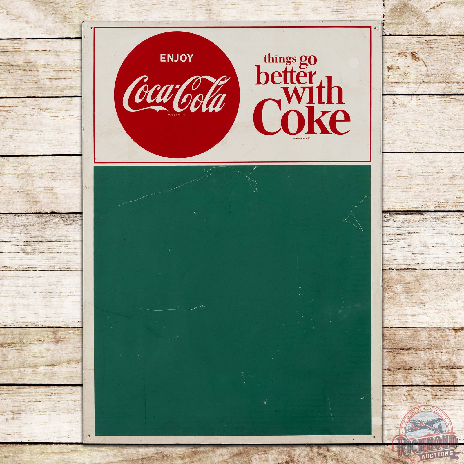Enjoy Coca Cola "Things Go Better with Coke" Single Sided Tin Menu Board Sign: SST (single sided tin) crimped edge menu board sign has very good color and shine. The field has fine scratches with light wear. The perimeter has minor edge bends with tiny paint chips. The sign disp