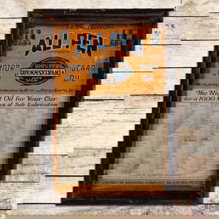 Bradford Oil Co All Penn Motor Oil Framed Lubrication Guide Sign: Single sided advertising poster has been framed under plexiglass. The poster exhibits areas of general wear with wrinkling, soiling and areas of loss in the upper fields. The added rustic wooden frame