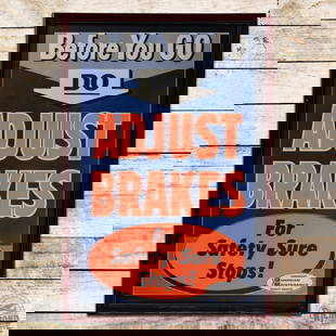 Chevrolet "Adjust Brakes" For Safety-Sure Stops GM Guardian Maintenance Advertising Poster Sign: Single sided blacklight dealership poster has been professionally framed under plexiglass. The poster has outstanding color with a fold line in the center and a crease with a small tear in the lower r