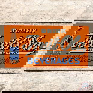 Drink Frui-Ola Beverages Single Sided Tin Sign w/ Bottle: SST (single sided tin) embossed sign has excellent color and shine. The field has minor wear with paper marks throughout. The perimeter has small paint chips and edge bends. The sign has a great look