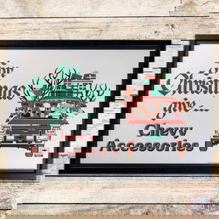 For Christmas Give Chevy Accessories Framed Dealer Advertising Poster Sign w/ Santa & Reindeer: Single sided blacklight dealership poster has been professionally framed under plexiglass. The poster has amazing color with a clean field. The perimeter has slight discoloration along the left hand e