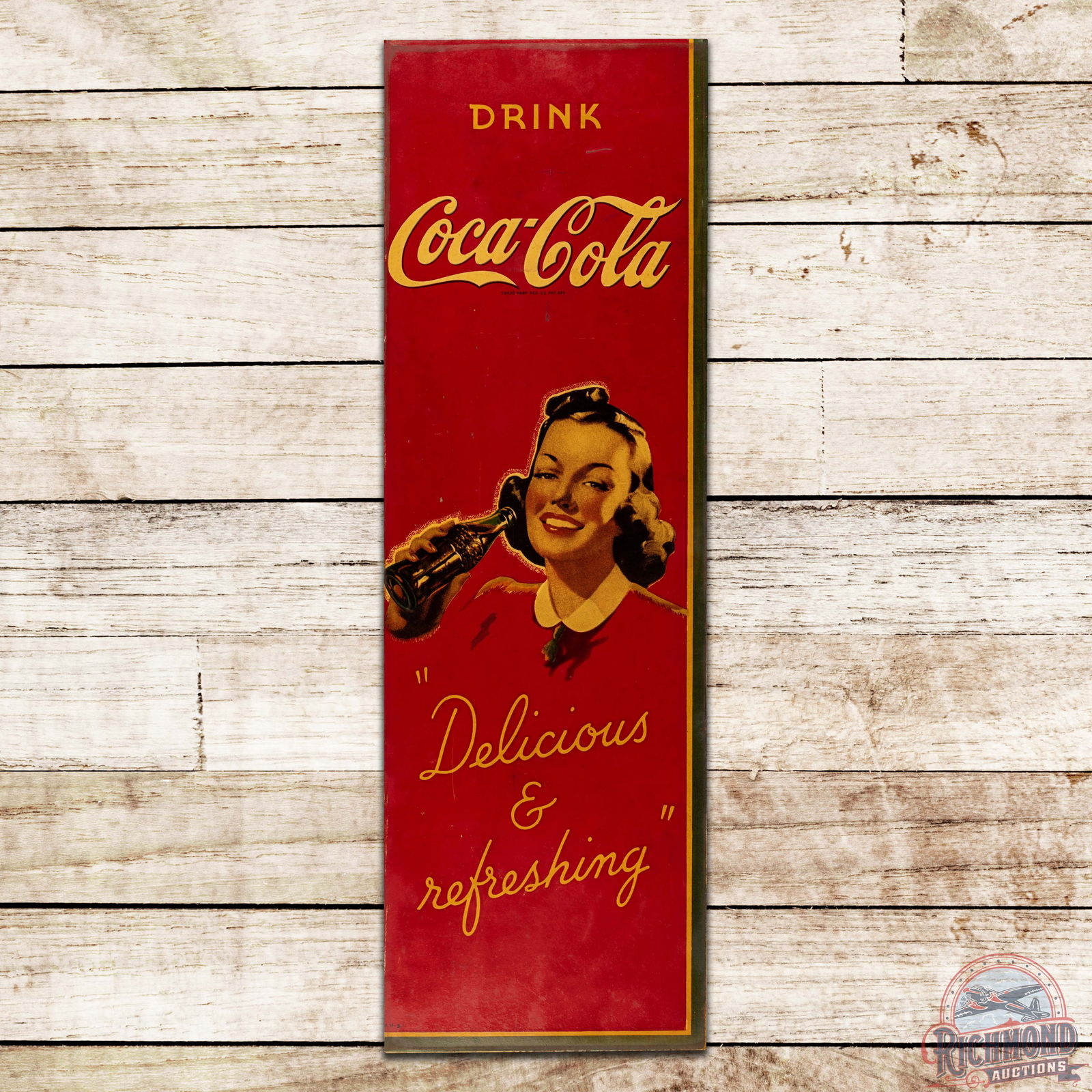 Drink Coca Cola "Delicious & Refreshing" SS Masonite Sign w/ Lady & Bottle (1 of 3)