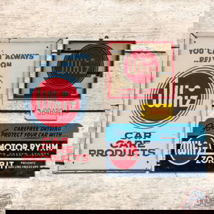 Group of 3 Whiz Motor Rhythm & Car Care Advertising Signs & Decal: Lot of two signs and one framed decal. The smaller rack sign has excellent color. The field has fine scratches with light wear. The perimeter has scratches with small paint chips along the edges. Mark