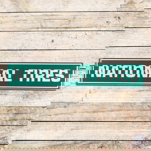 National Tires 6' Horizontal Single Sided Tin Sign: SST (single sided tin) embossed self-framed sign has excellent color and shine. The field is very clean overall with fine scratches in the outer left and right fields. The perimeter has small paint ch