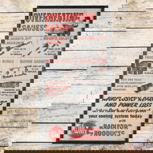 Whiz Radiator Products Overheating Framed Advertising Poster w/ Automobile: Single sided framed advertising poster has good color. The field has fold marks with slight fading to the red. The outer plexiglass has a scratch in the lower field and the frame is in very good condi