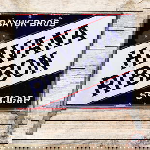 Bayuk Bros Havana Ribbon 5 Cent Cigars Double Sided Porcelain Curb Sign: DSP (double sided porcelain) curb sign with stand has good color and gloss. Side #1 has surface wear with chips and areas of discoloration in the fields. The reverse has larger chips. The factory
