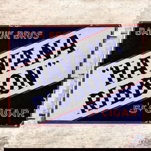 Bayuk Bros. Havana Ribbon 5 Cent Cigars Double Sided Porcelain Flange Sign: DSP (double sided porcelain) flange has good color and moderate gloss. The display has small chips in the field and along the perimeter. The reverse is in a very similar condition. Overall a