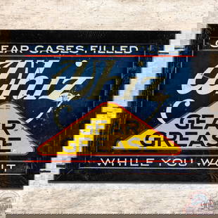 Whiz Gear Grease "While You Wait" Single Sided Tin Sign: SST (single sided tin) sign with added wooden frame has very good color and shine. The sign exhibits general surface wear with scratches, bends and non-factory holes. The added wooden frame is in