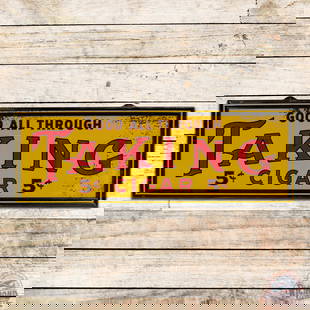 Taking 5 Cent Cigars "Good all Through" Single Sided Tin Sign: SST (single sided tin) self-framed sign has very good color and shine. The field has light wear with minor discoloration. The outer fields and perimeter have active paint flaking with paint chips and