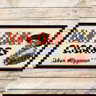 Van Dam "Java Wrapped" Cigars Emb. Single Sided Tin Sign: SST (single sided tin) embossed sign with added frame has excellent color and shine. The field exhibits light wear with areas of cloudiness in the lower portion of the lithograph image. The perimeter