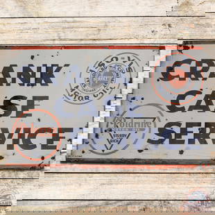 Standard ISO=VIS Oil Company Polarine Crank Case Service 5' Single Sided Porcelain Sign w/ Logos: SSP (single sided porcelain) sign has moderate color and gloss. The sign presents with general surface wear and fading. The field and perimeter have chips with non-factory holes and small bends on