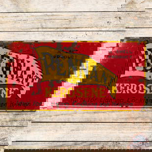 Pennant Kerosene "A Shell Product" Single Sided Porcelain Sign w/ Logo: SSP (single sided porcelain) sign has good color and gloss. The field has general wear with chips and minor crazing. The perimeter has similar wear with an area of metal loss on the left edge. The