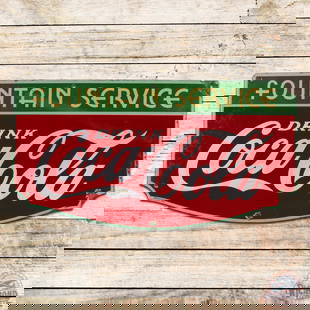 1935 Drink Coca Cola Fountain Service Single Sided Porcelain Sign: SSP (single sided porcelain) sign has good color and gloss. The field exhibits surface wear with areas of crazing and cloudiness. The perimeter has chips at the mount holes and edges. Marked Made in U